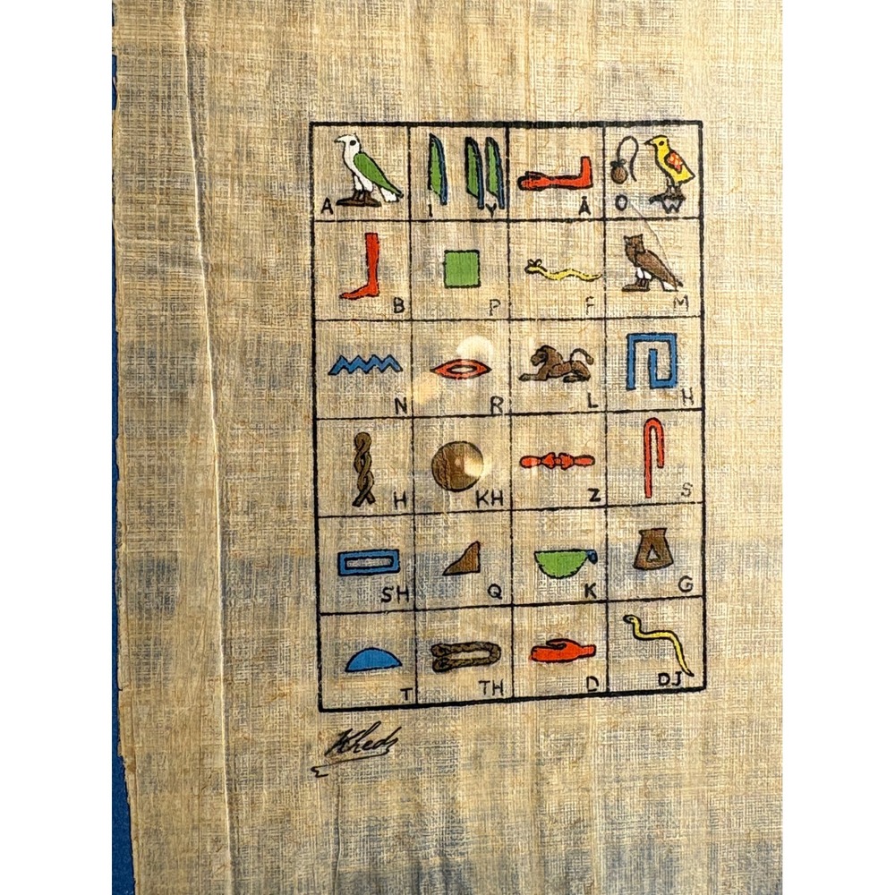 Egyptian Papyrus Hieroglyphic Alphabet Framed Art Signed Khedr Gold Frame Blue - Picture 2 of 3
